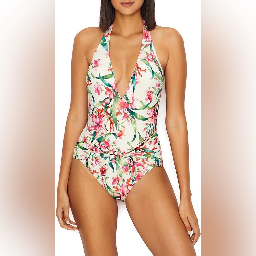 NWOT Carmen Marc Valvo yellow & pink tropical floral one piece halter swimsuit